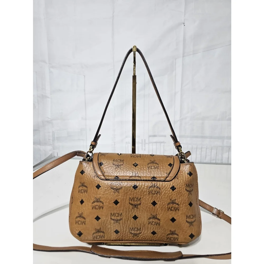 MCM Visetos Studded Crossbody Flap Messenger Cognac